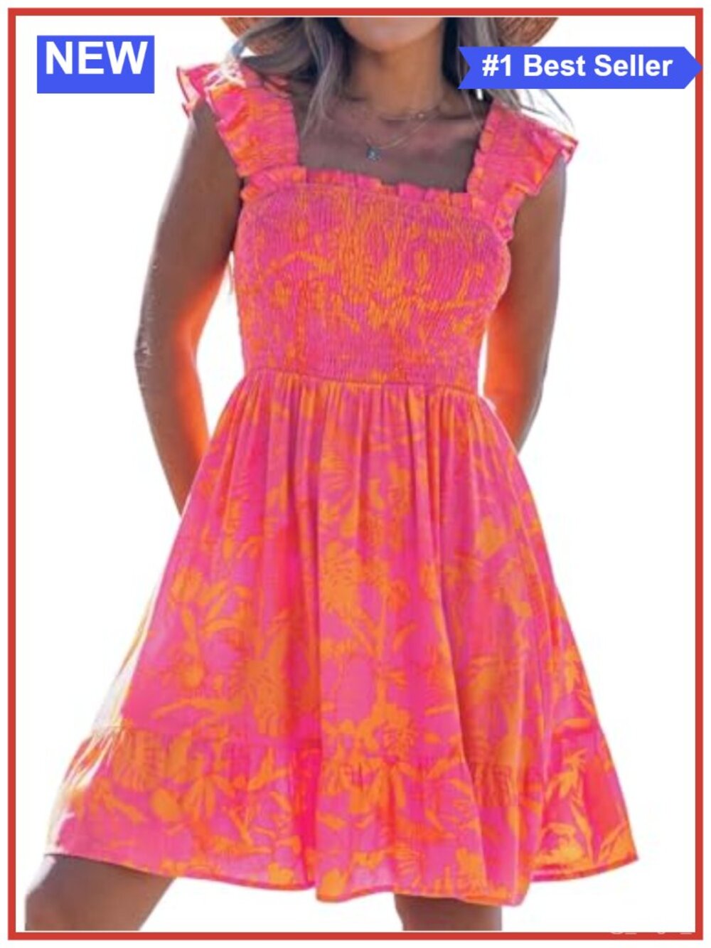 Women Summer Mini Dress Square Neck Sleeveless A-Line Smocked